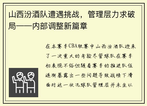 山西汾酒队遭遇挑战，管理层力求破局——内部调整新篇章